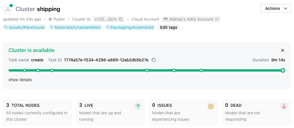 The cluster console header