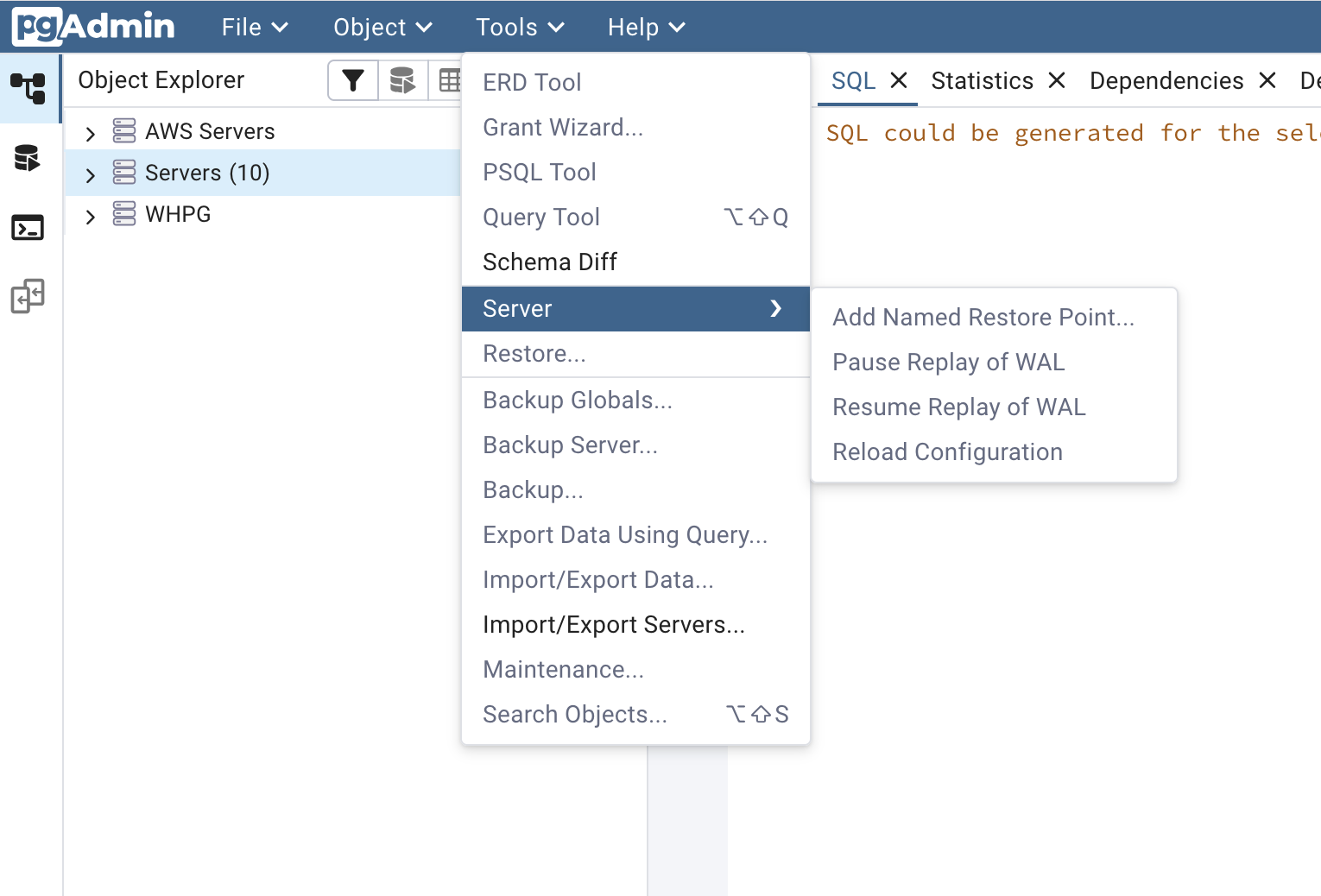 pgAdmin tools menu bar
