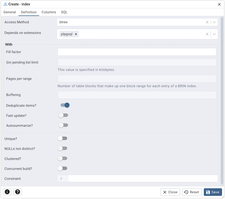 Index dialog definition tab